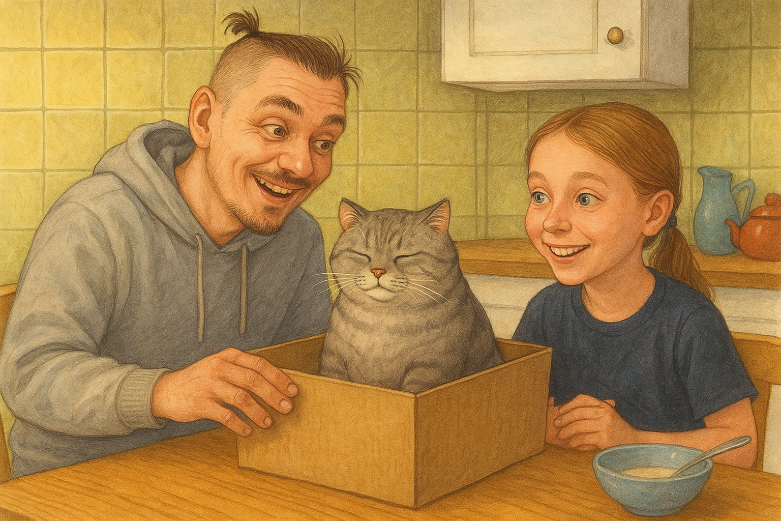 Папа и Софа рассматривают толстого кота в коробке, сидя на кухне