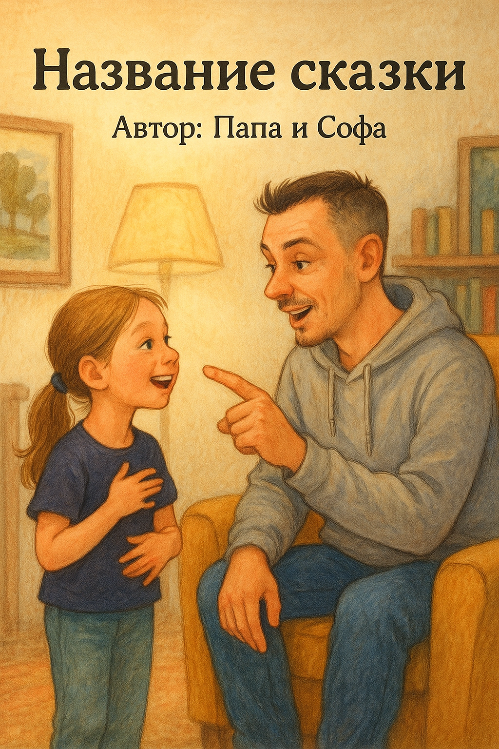 Обложка: папа Сергей и Софа удивлённо смотрят на пушистого гигантского кота в комнате