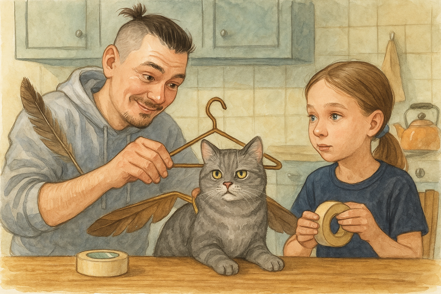 Папа крепит к коту крылья из вешалок, Софа держит скотч, кот смотрит с недоверием