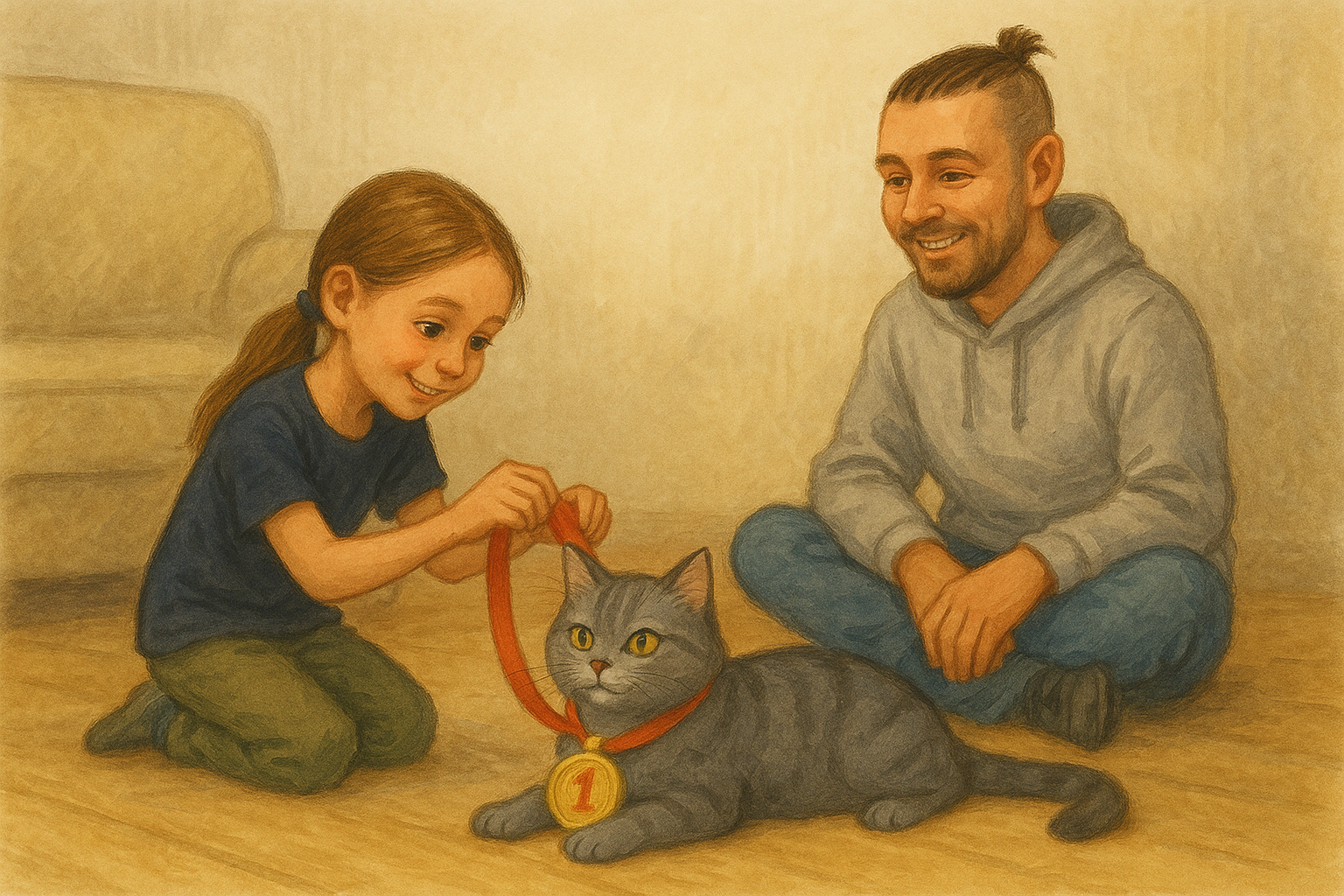 Софа вручаёт медаль коту, папа улыбается, а кот лежит в центре комнаты